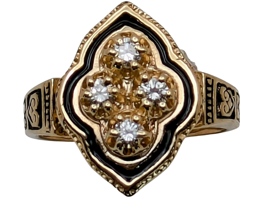 Victorian Revival Diamond Ring with Black Enamel Accents - Yellow Gold