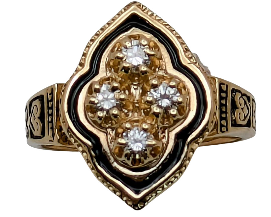 Victorian Revival Diamond Ring with Black Enamel Accents - Yellow Gold