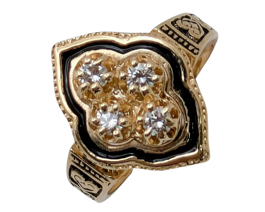 Victorian Revival Diamond Ring with Black Enamel Accents - Yellow Gold