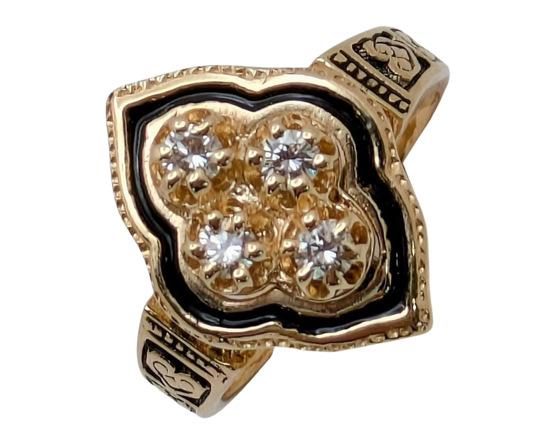 Victorian Revival Diamond Ring with Black Enamel Accents - Yellow Gold