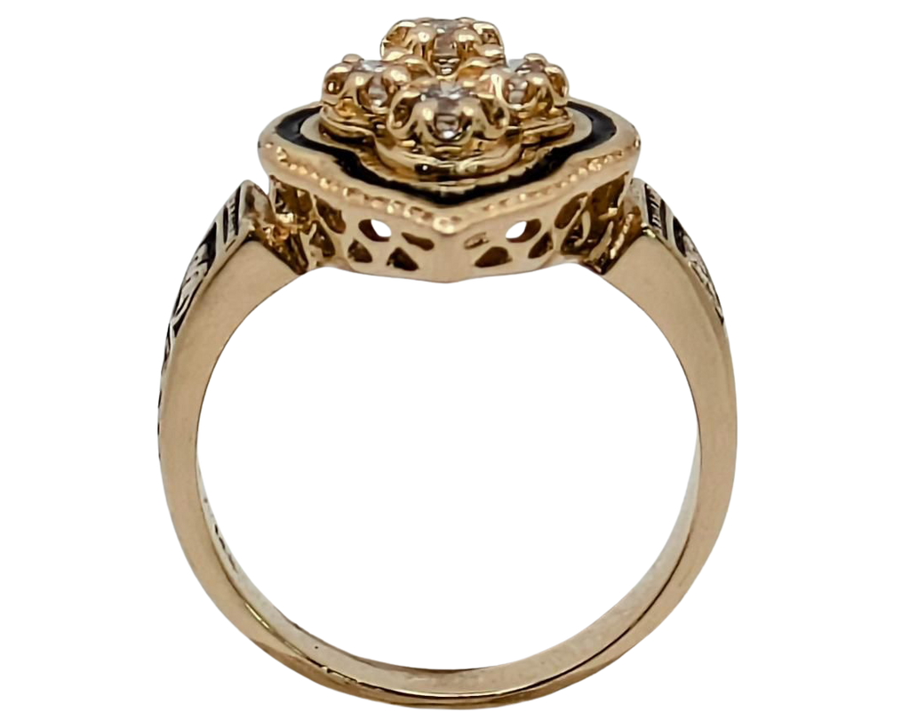 Victorian Revival Diamond Ring with Black Enamel Accents - Yellow Gold
