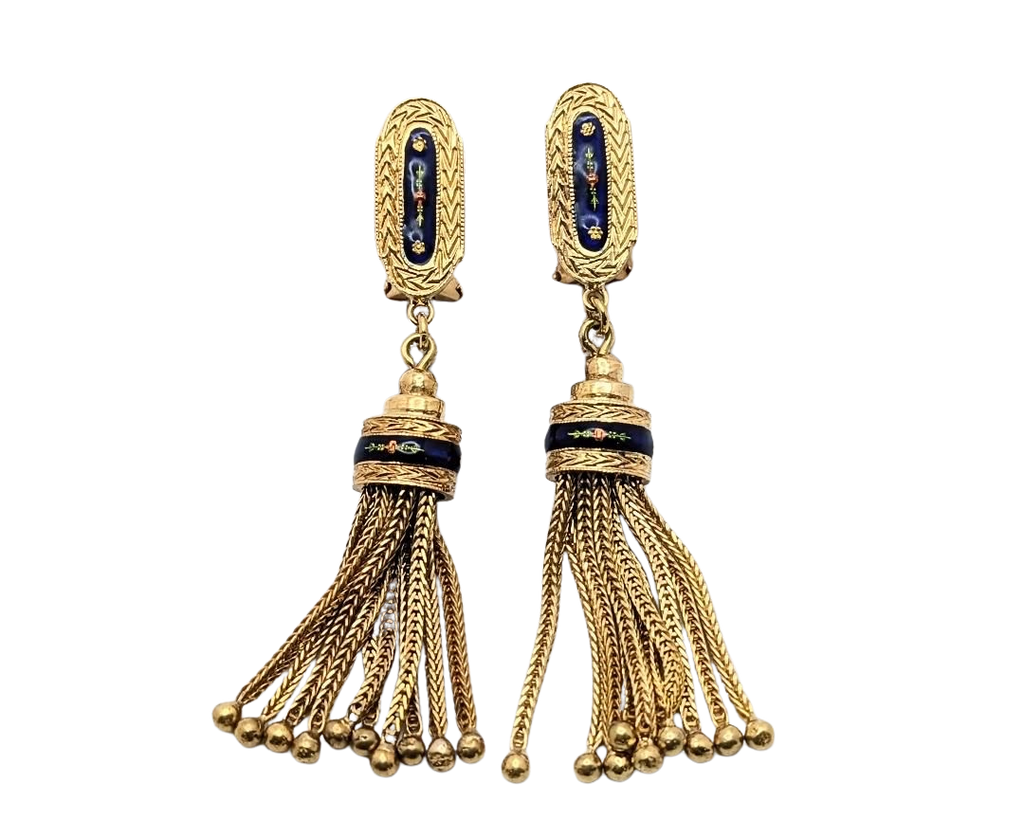 Victorian Revival Tassel Earrings with Enameled Floral Details - Yellow Gold