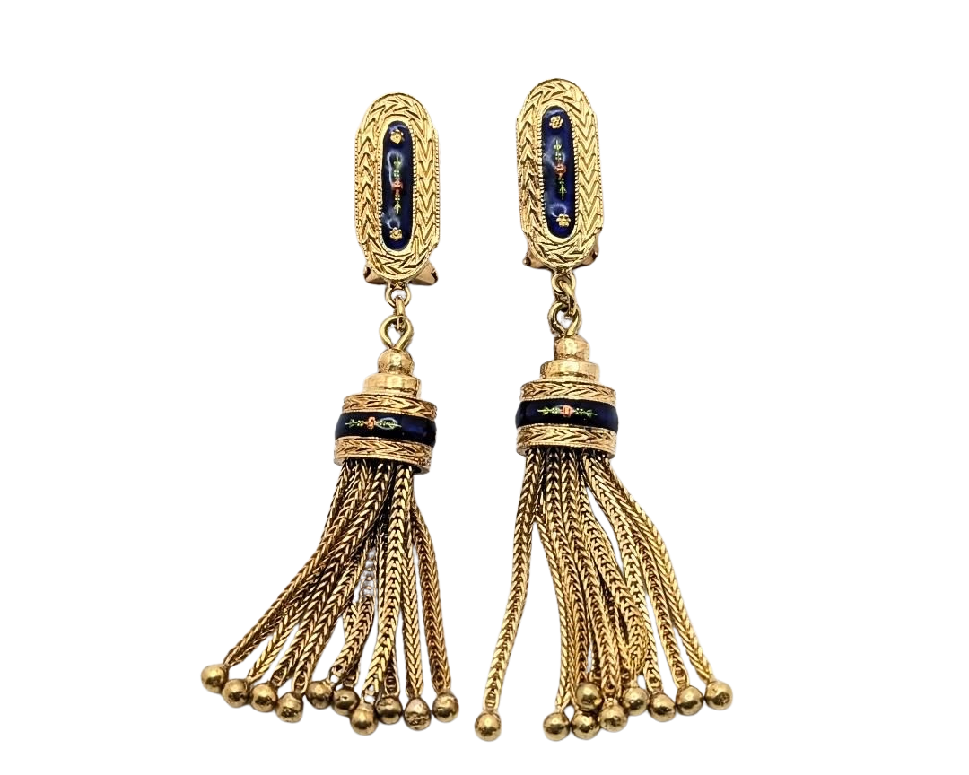 Victorian Revival Tassel Earrings with Enameled Floral Details - Yellow Gold