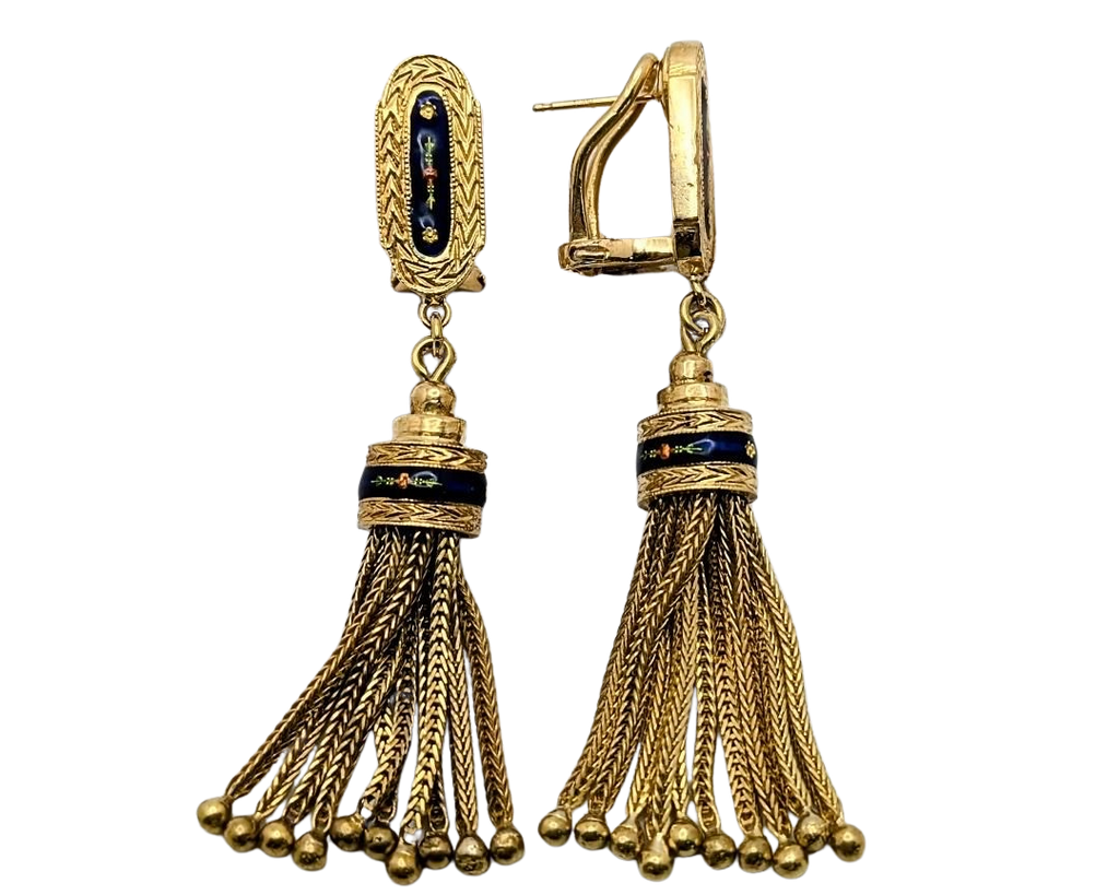 Victorian Revival Tassel Earrings with Enameled Floral Details - Yellow Gold