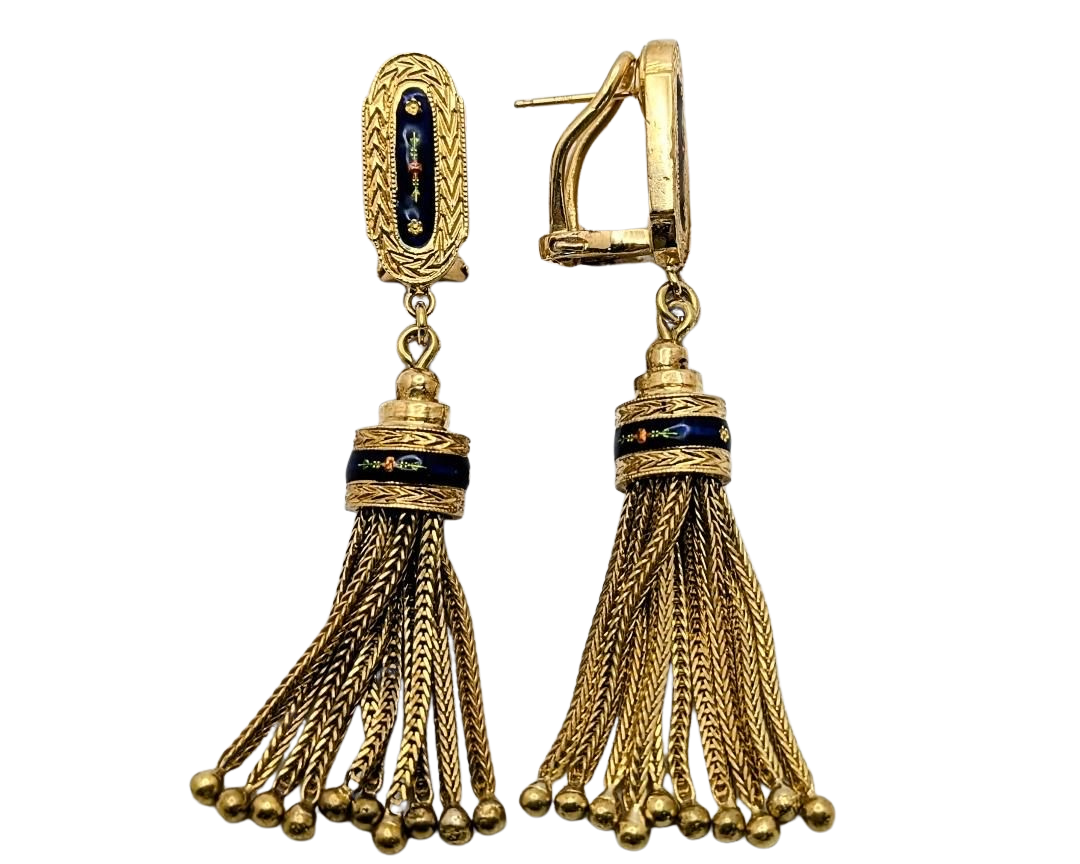 Victorian Revival Tassel Earrings with Enameled Floral Details - Yellow Gold