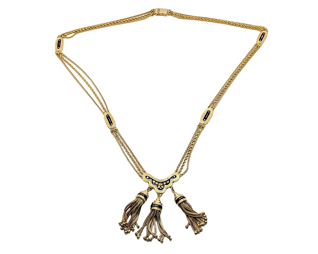 Victorian Revival Tassel Swag Necklace with Enameled Floral Details - Yellow Gold