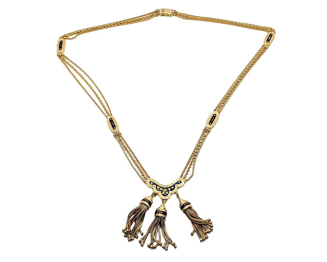 Victorian Revival Tassel Swag Necklace with Enameled Floral Details - Yellow Gold