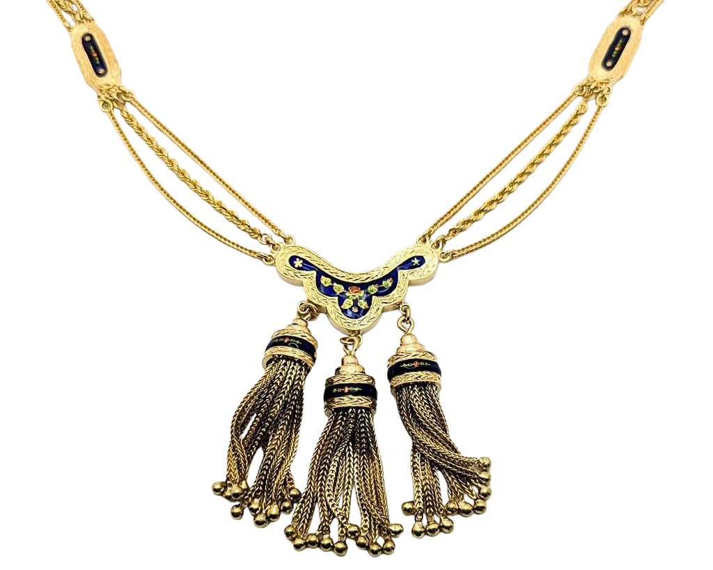 Victorian Revival Tassel Swag Necklace with Enameled Floral Details - Yellow Gold