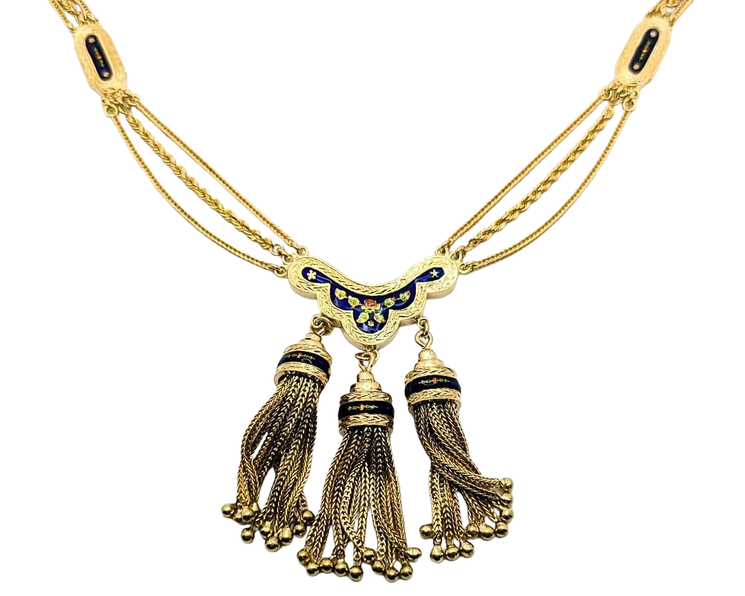 Victorian Revival Tassel Swag Necklace with Enameled Floral Details - Yellow Gold