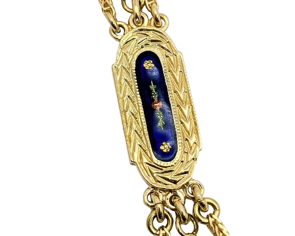 Victorian Revival Tassel Swag Necklace with Enameled Floral Details - Yellow Gold