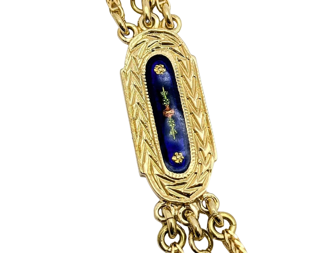 Victorian Revival Tassel Swag Necklace with Enameled Floral Details - Yellow Gold