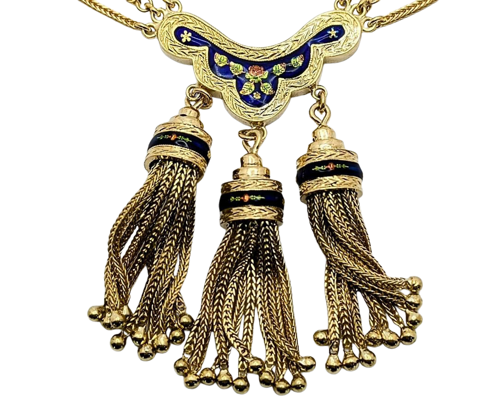 Victorian Revival Tassel Swag Necklace with Enameled Floral Details - Yellow Gold