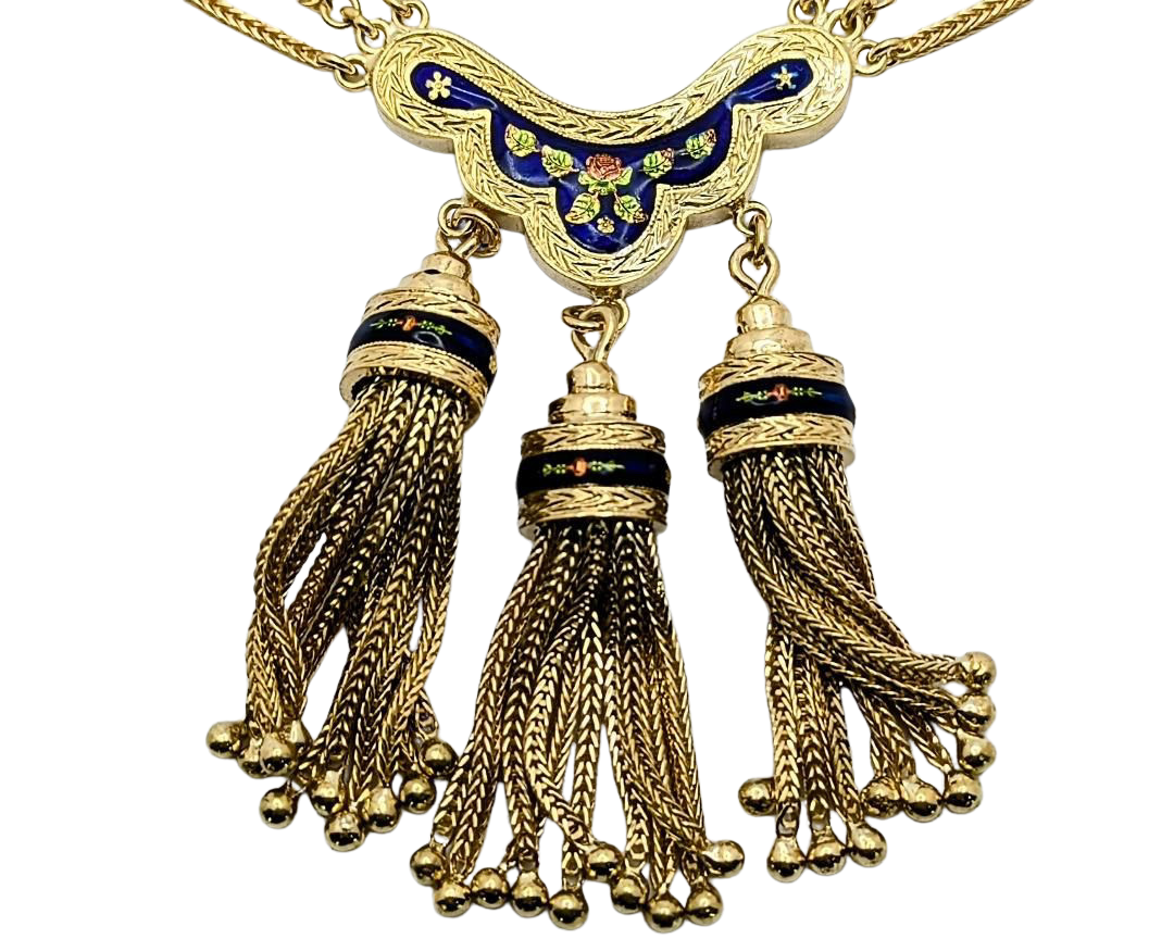Victorian Revival Tassel Swag Necklace with Enameled Floral Details - Yellow Gold