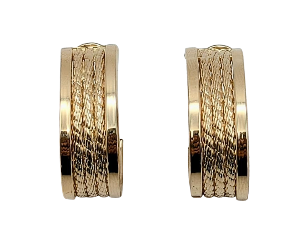 Wide Oval Hoop Earrings with Triple Rope Center - Yellow Gold