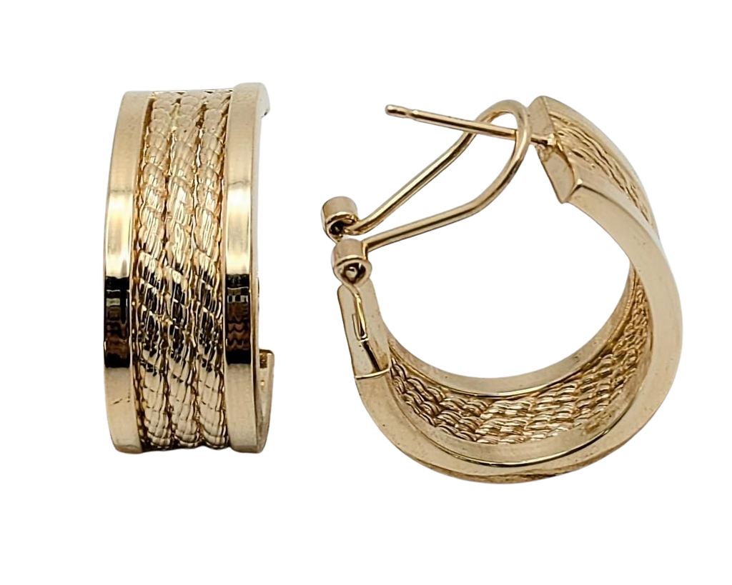 Wide Oval Hoop Earrings with Triple Rope Center - Yellow Gold