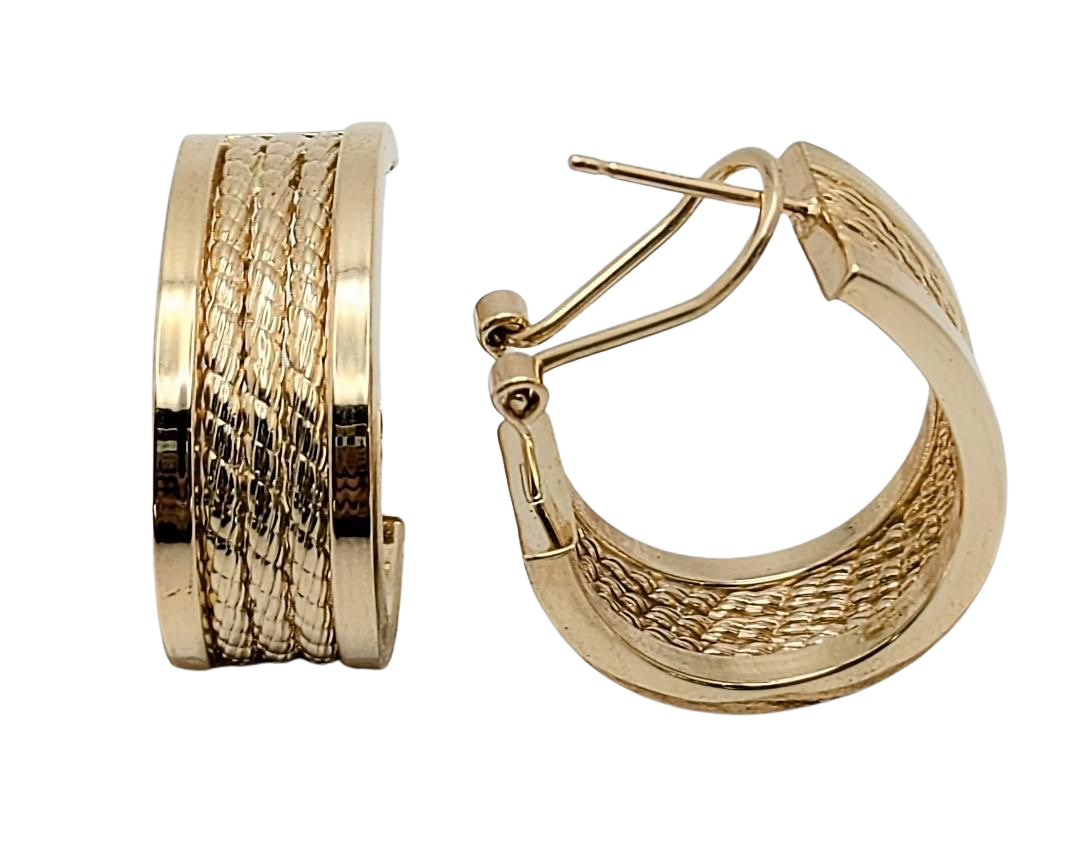 Wide Oval Hoop Earrings with Triple Rope Center - Yellow Gold
