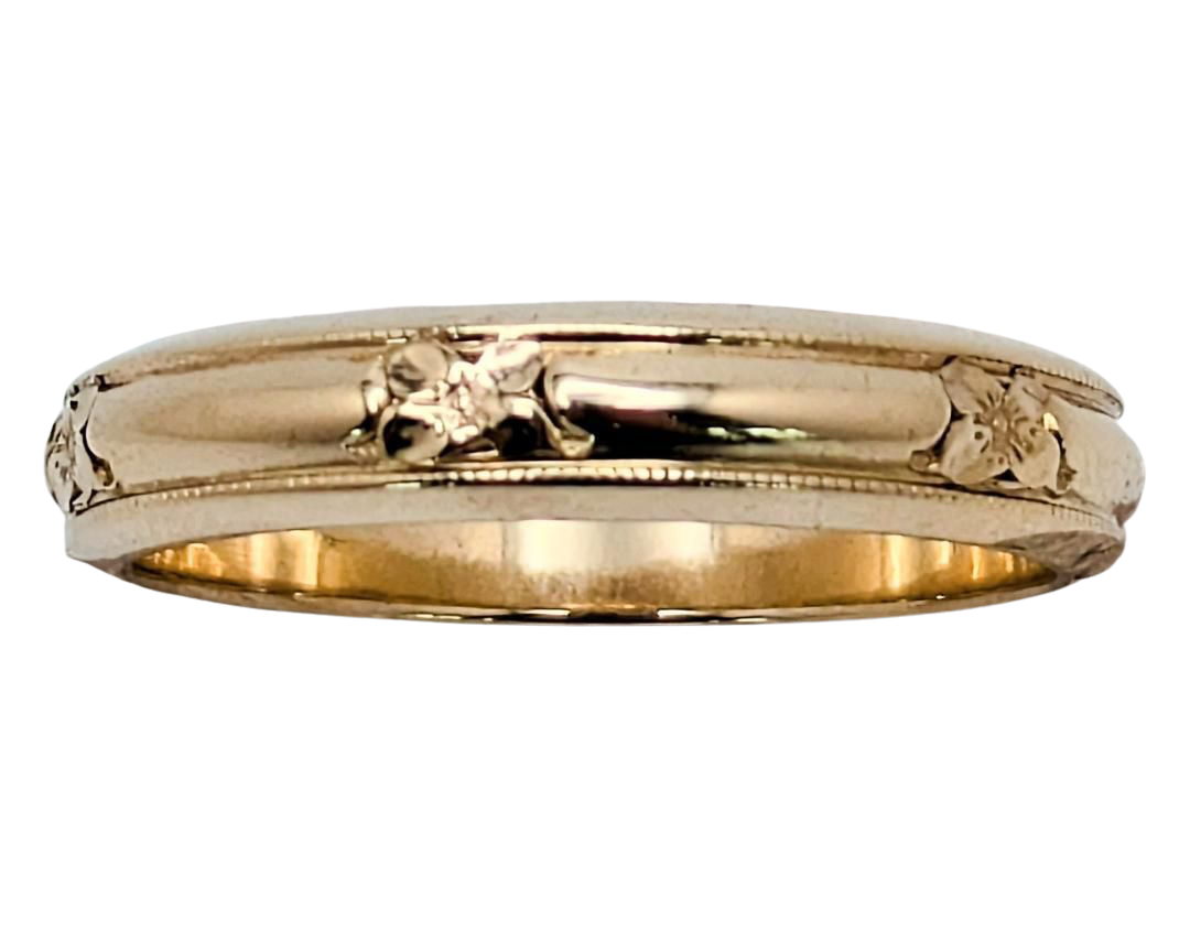Mid-Century Band with Flower Stations and Milgrain Details - Yellow Gold