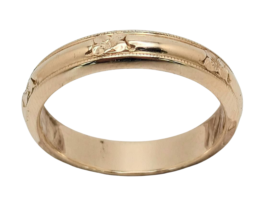 Mid-Century Band with Flower Stations and Milgrain Details - Yellow Gold