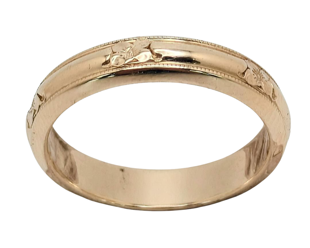 Mid-Century Band with Flower Stations and Milgrain Details - Yellow Gold