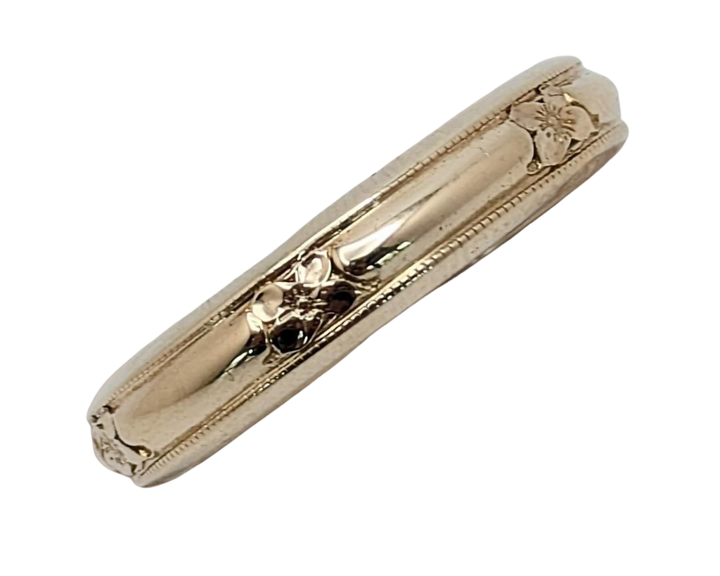 Mid-Century Band with Flower Stations and Milgrain Details - Yellow Gold