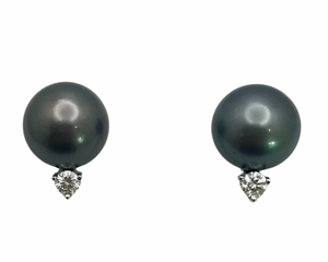 Black Pearl Stud Earrings with Diamond Accent - White Gold