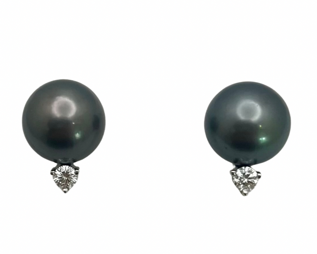 Black Pearl Stud Earrings with Diamond Accent - White Gold