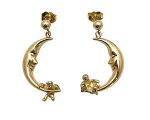 Moon and Cherub Dangle Earrings with Ball Stud Top - Yellow Gold