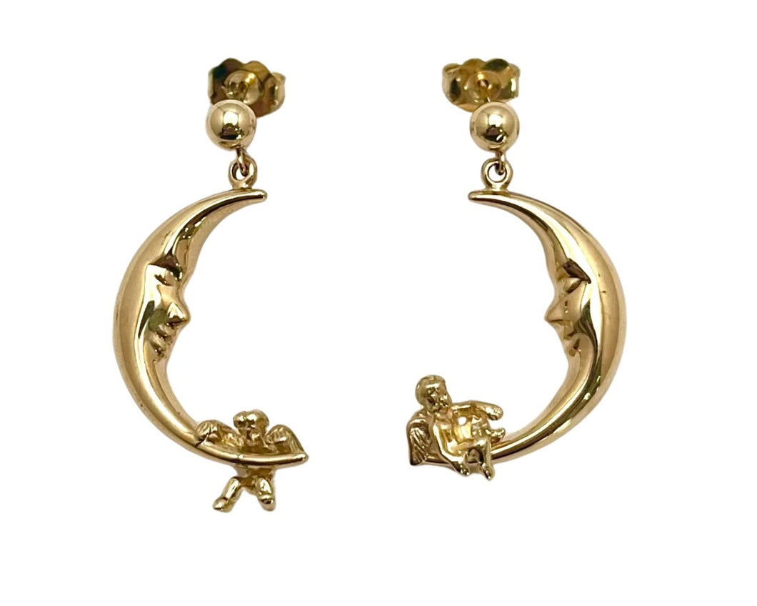 Moon and Cherub Dangle Earrings with Ball Stud Top - Yellow Gold