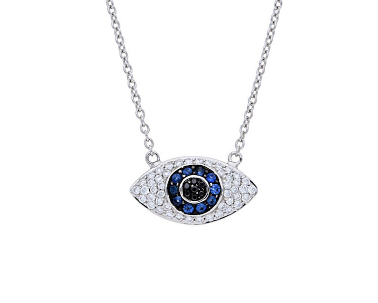 Evil Eye Necklace with Diamonds and Sapphires - White Gold