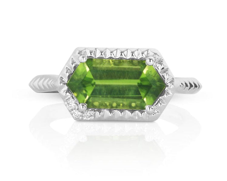 Hexagon Shaped Peridot Ring with Diamond Accents - White Gold