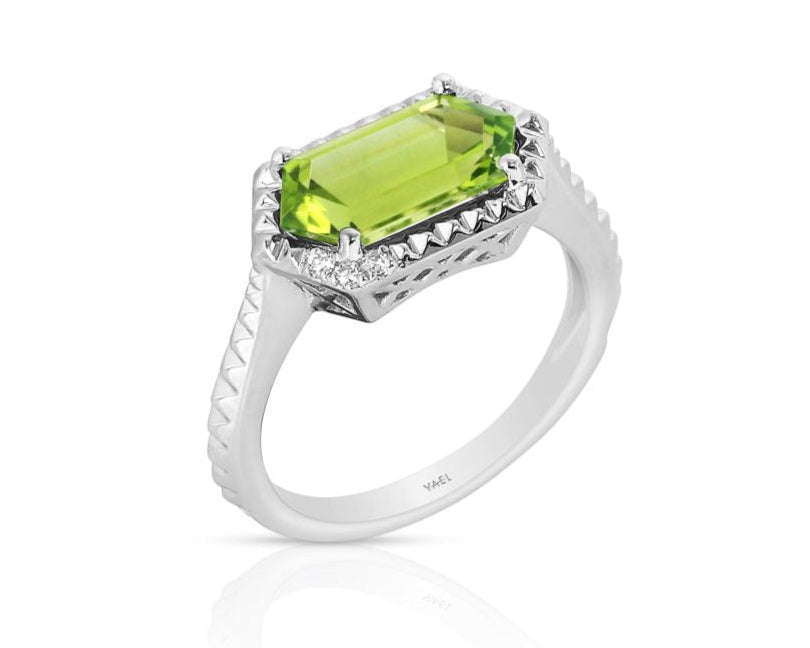 Hexagon Shaped Peridot Ring with Diamond Accents - White Gold
