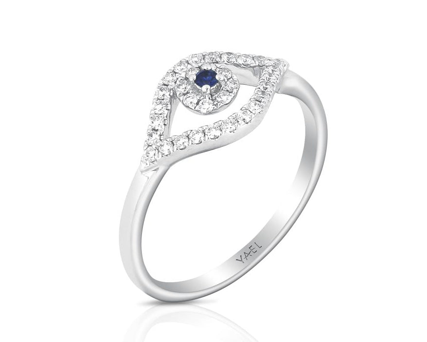 Evil Eye Ring with Diamonds and Sapphire - White Gold