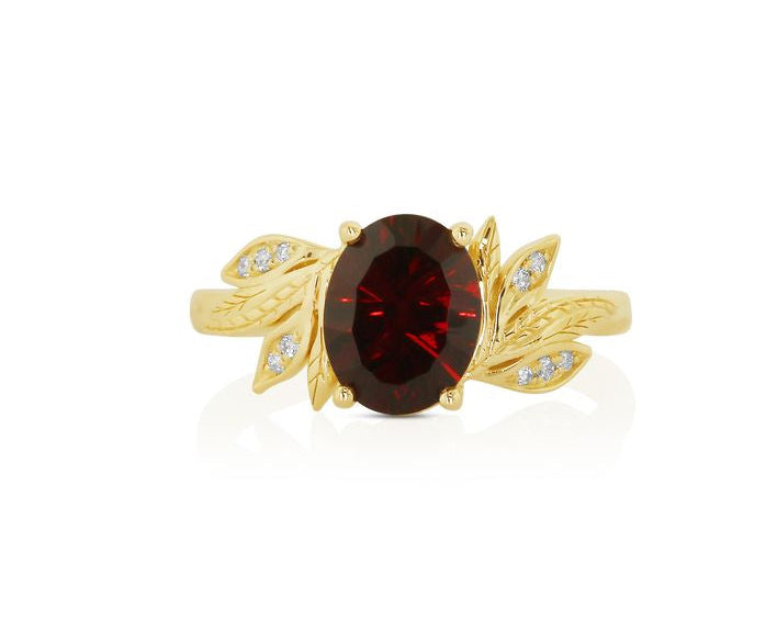 Garnet Ring with Leaf Design - Yellow Gold