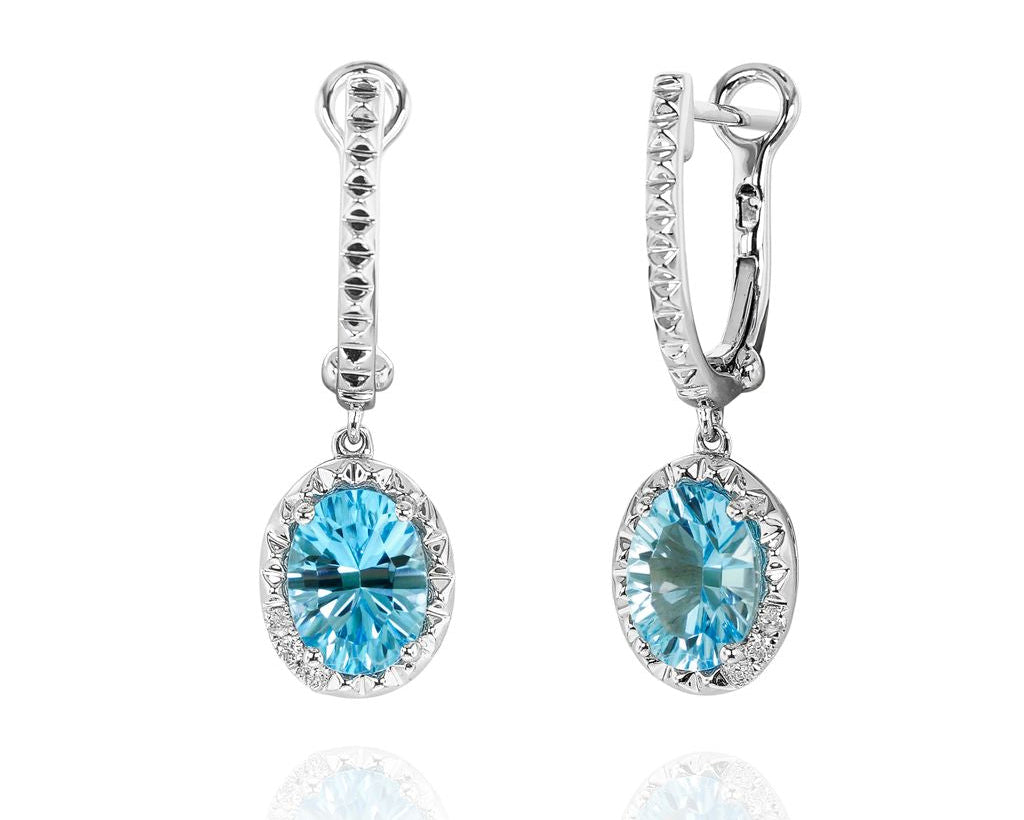 Blue Topaz Dangle Hoop Earrings with Diamond Accents - White Gold