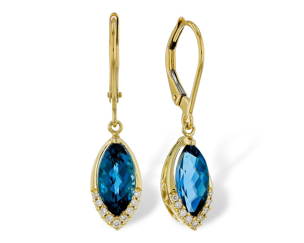 Marquise London Blue Topaz Dangle Earrings with Diamond Accents - Yellow Gold