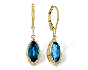 London Blue Topaz Dangle Earrings with Diamond Accents - Yellow Gold