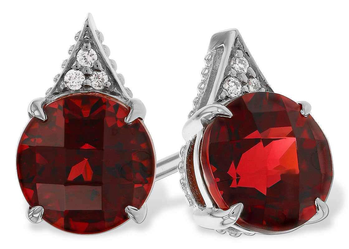 Garnet Stud Earrings with Diamond Accents - White Gold
