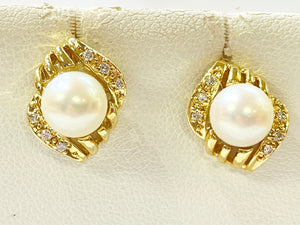 Pearl Earrings with Pave Diamond Accents - Yellow Gold