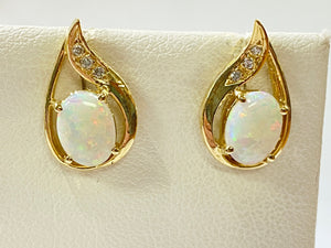 Opal Teardrop Earrings w/Accenting Diamonds - Yellow Gold