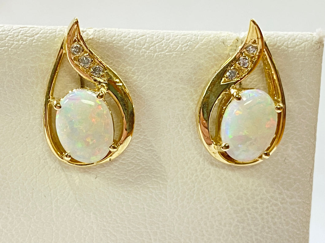 Opal Teardrop Earrings w/Accenting Diamonds - Yellow Gold