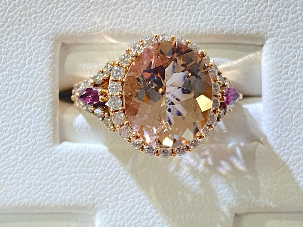 Morganite Ring w/ Pave Diamond Halo and Purple Sapphire Accents - Rose Gold