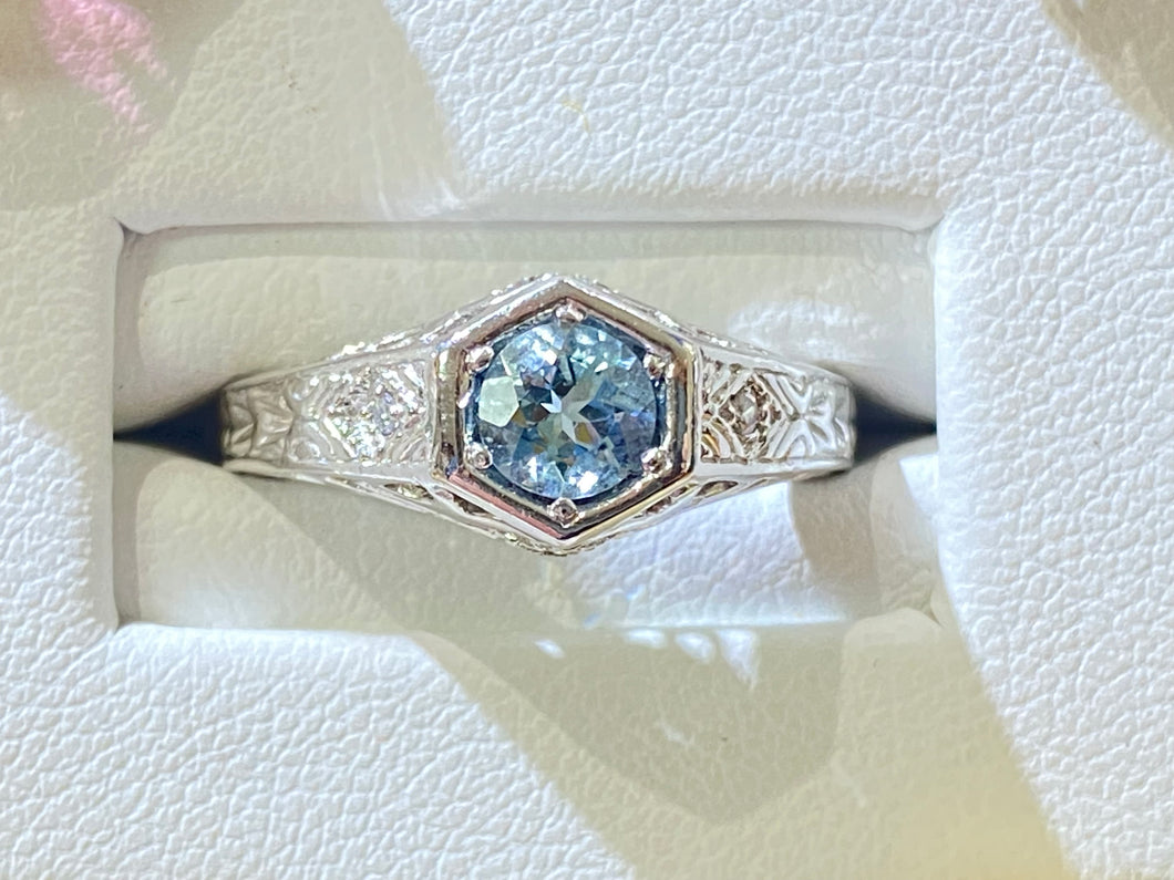 Hand Engraved Aquamarine Ring with Diamond Accents - White Gold