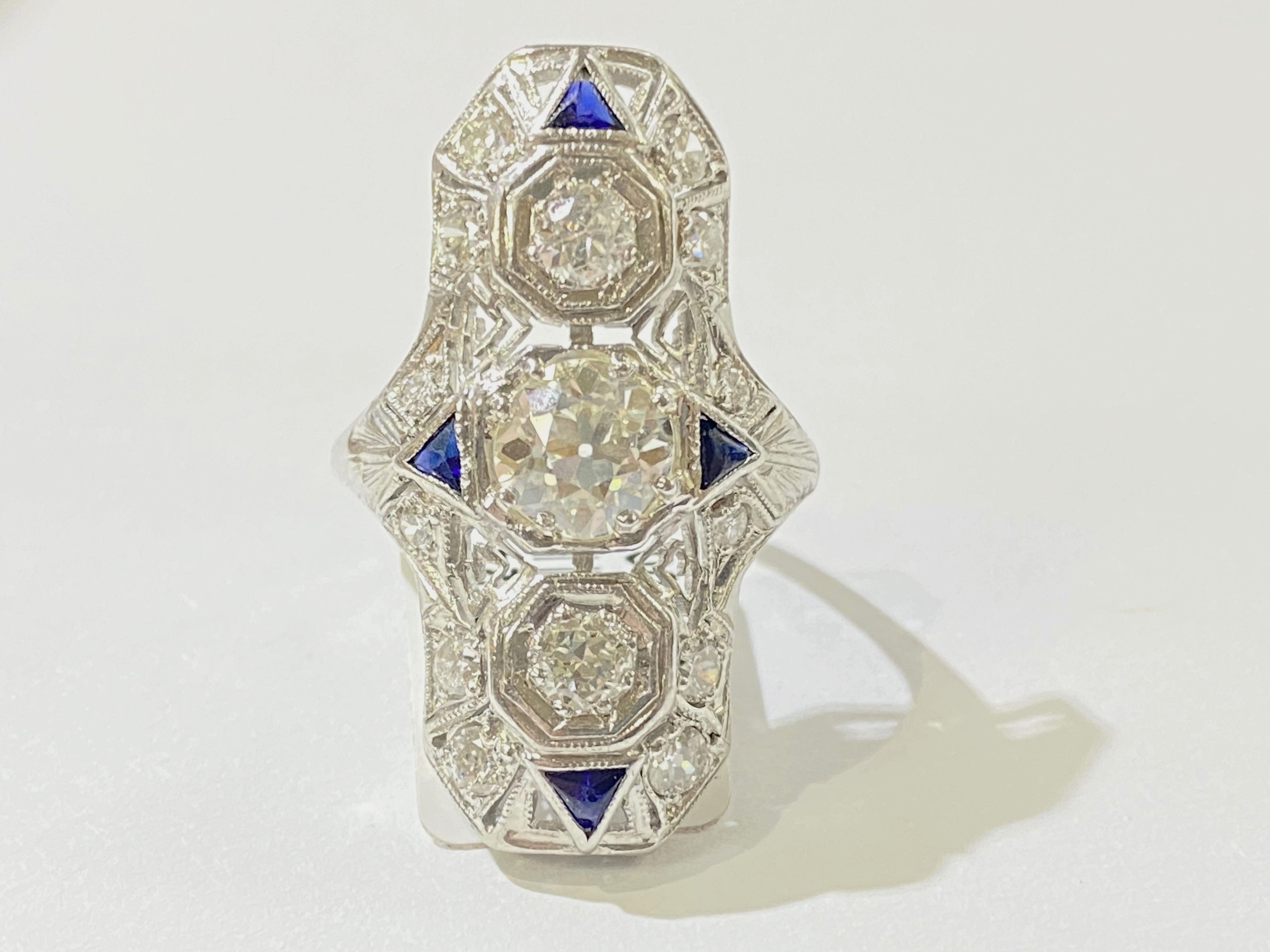 1.85ctw Art Deco Ring with Accenting Sapphires - Platinum