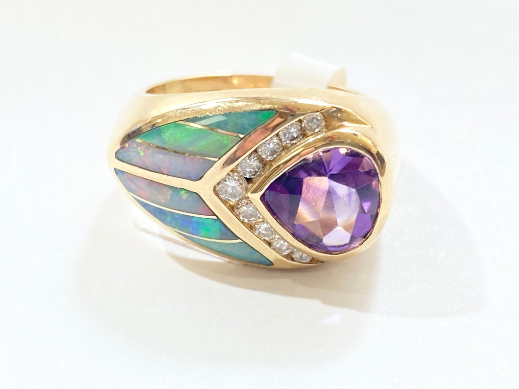 Kabana Amethyst, Diamond, and Opal Inlay Ring - Yellow Gold