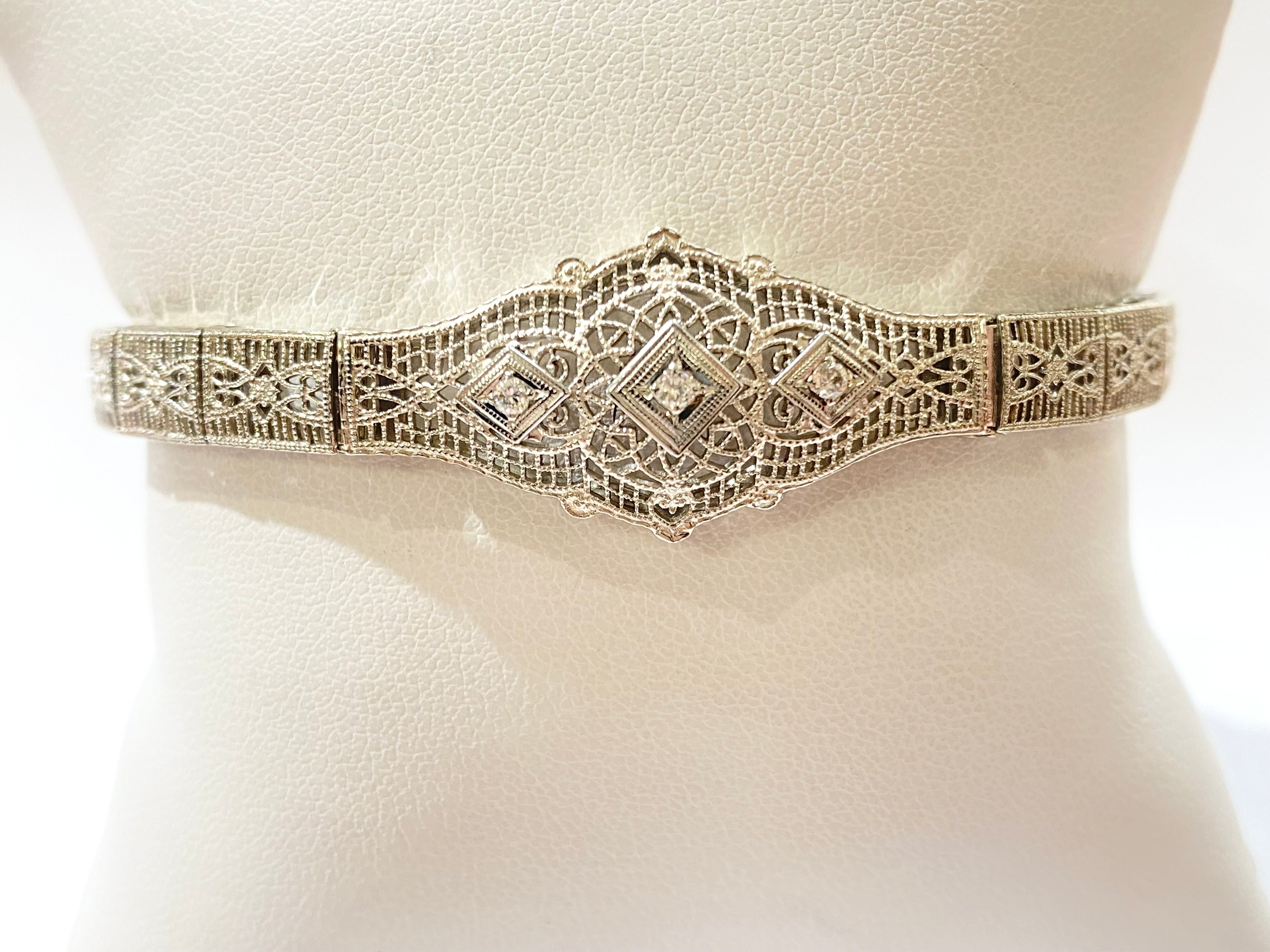 Mid-Century Era Filigree Bracelet with Diamond Accents - White Gold