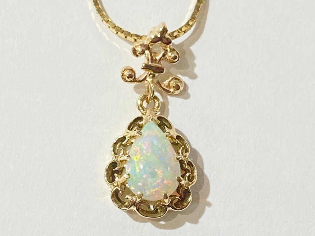 Opal Drop Pendant w/ Scalloped Design - Yellow Gold