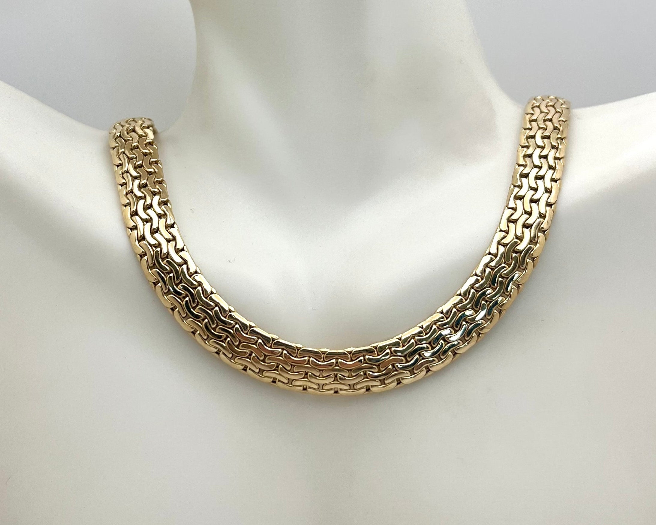 Three Row Flat Curb Patterned Necklace - Yellow Gold