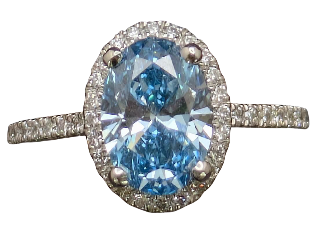 2.00ct Oval Lab Grown Blue Diamond Ring with Diamond Halo and Shank - Platinum