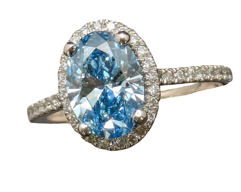 2.00ct Oval Lab Grown Blue Diamond Ring with Diamond Halo and Shank - Platinum