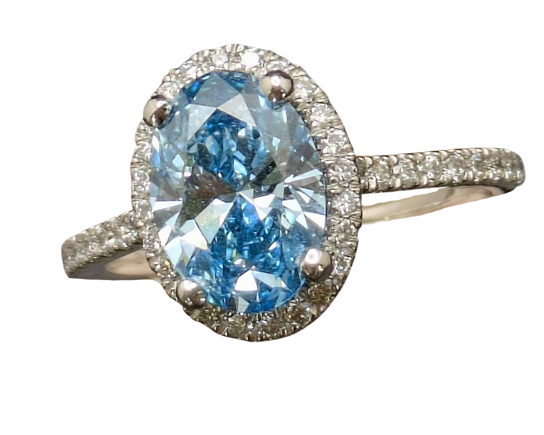 2.00ct Oval Lab Grown Blue Diamond Ring with Diamond Halo and Shank - Platinum